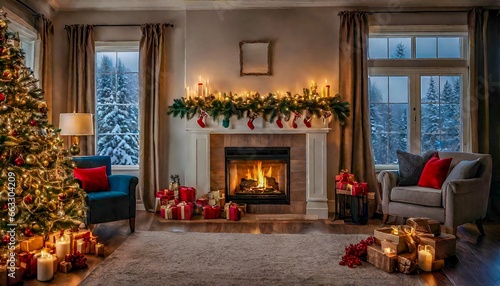 Interior Delights with Fireplace  Decked Christmas Tree  and Cozy Holiday Decor