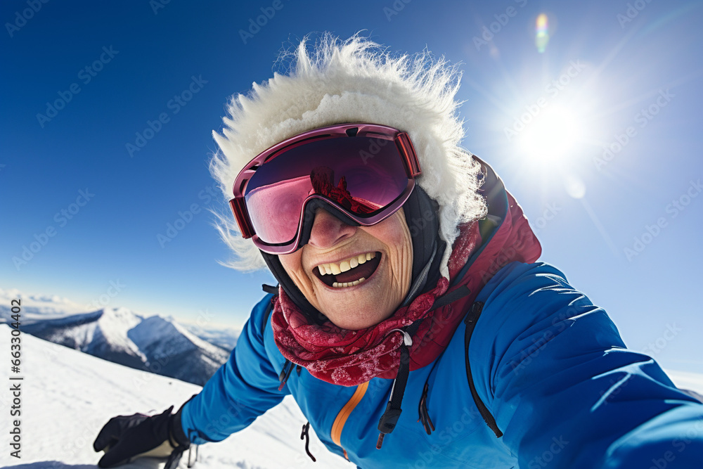 happy granny snowboarder in the mountains