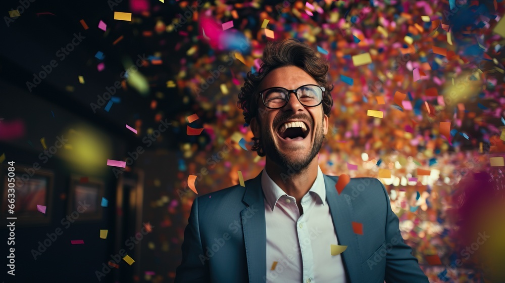 Naklejka premium Portrait of a cheerful businessman with confetti flying around him.
