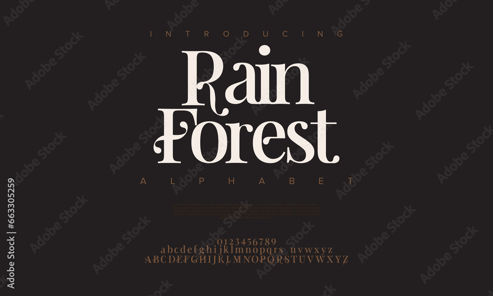 Rainforest premium luxury elegant alphabet letters and numbers. Elegant wedding typography classic serif font decorative vintage retro. Creative vector illustration Rainforest premium luxury elegant alphabet letters and numbers. Elegant wedding typography classic serif font decorative vintage retro. Creative vector illustration