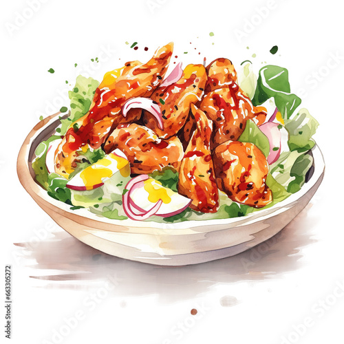 BBQ Chicken Salad Watercolor Illustration, Culinary Artwork on Transparent Background