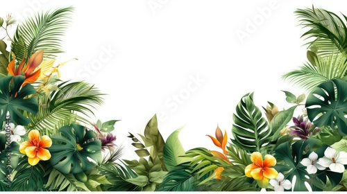 tropical leaves popping out of the edges onto a white background photo
