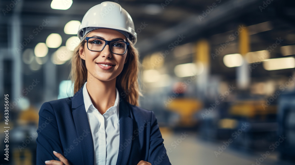 Confident Female Engineer, working in a factory, with copy space, blurred background Confident Female Engineer, working in a factory, with copy space, blurred background