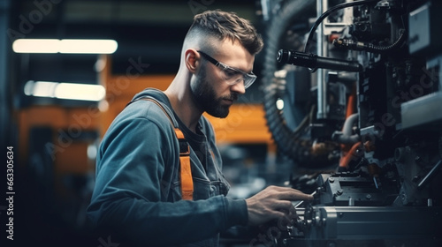 Focused Machine Operator, working in a factory, with copy space, blurred background