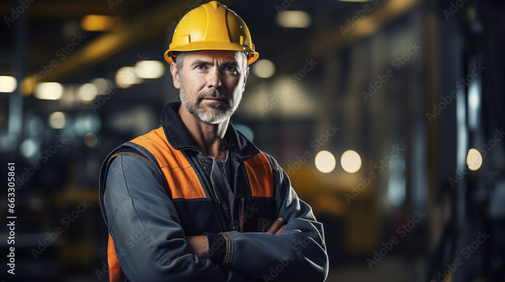 Proud Industrial Worker with Tools, working in a factory, with copy space, blurred background Proud Industrial Worker with Tools, working in a factory, with copy space, blurred background