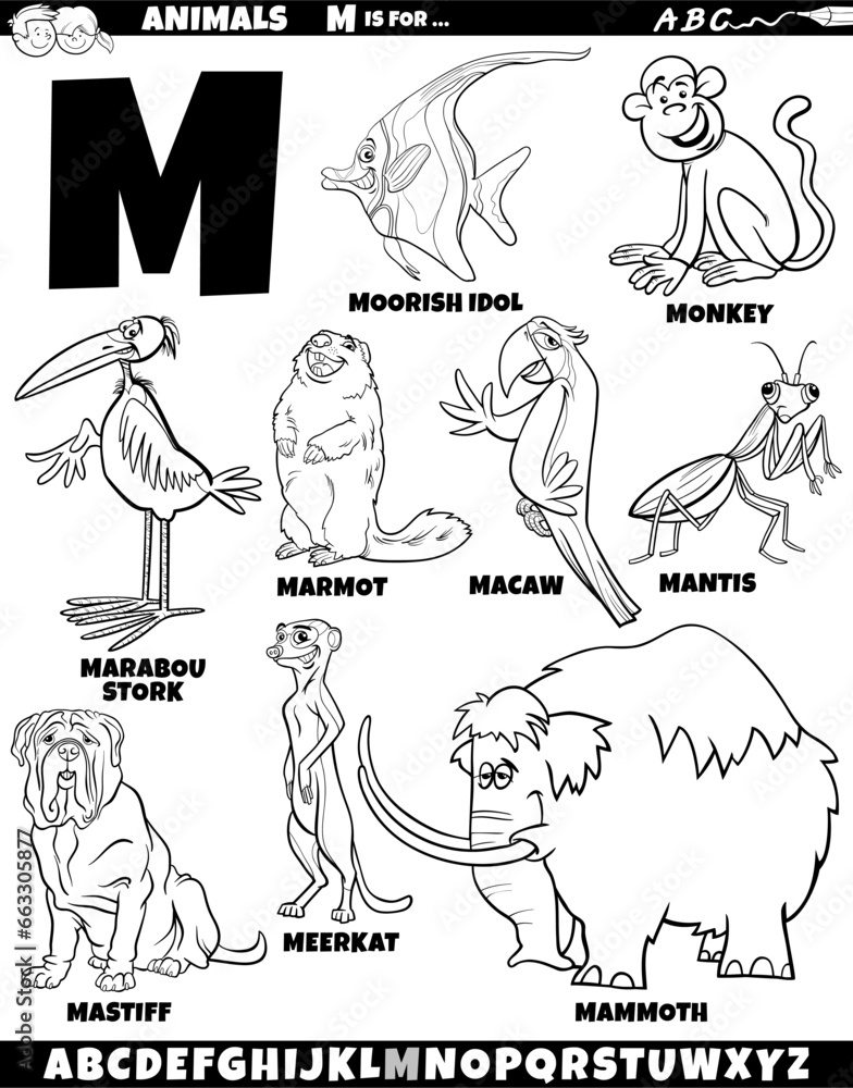 Fototapeta premium cartoon animal characters for letter M set coloring page