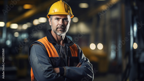 Proud Industrial Worker with Tools, working in a factory, with copy space, blurred background