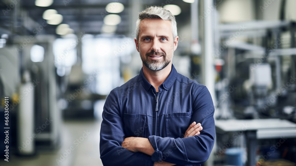 Proud Factory Manager, working in a factory, with copy space, blurred background