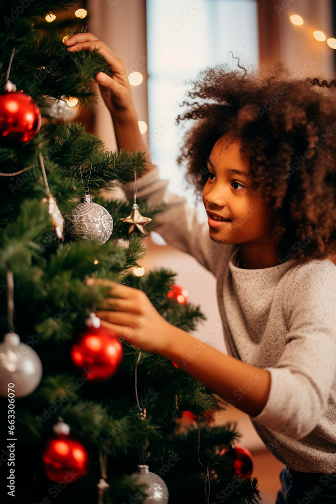 Happy african american child decorates a christmas tree