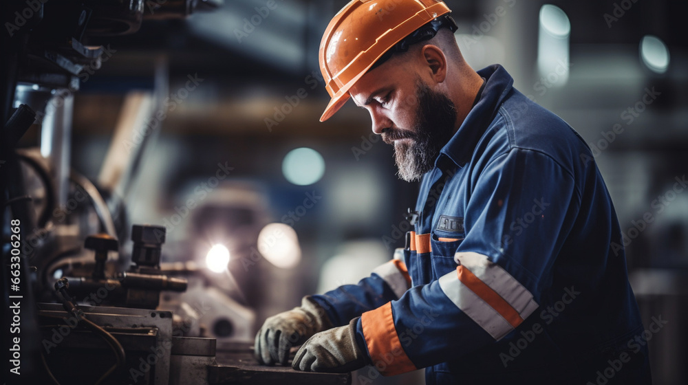 Obraz premium Skilled Machinist, working in a factory, with copy space, blurred background