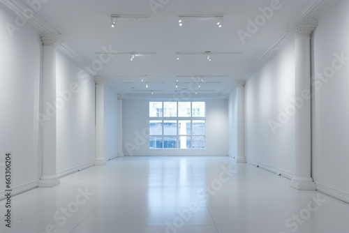 well-lit vacant exhibit space with blank plaster. Generative AI