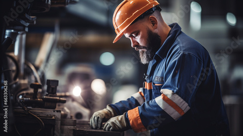 Skilled Machinist, working in a factory, with copy space, blurred background photo