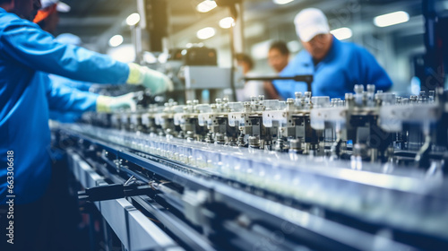 Team of Workers on Assembly Line, working in a factory, with copy space, blurred background