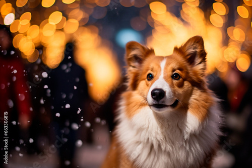 close - up of a dog pet, surrounded by the festive cheer of Christmas blurred in the background