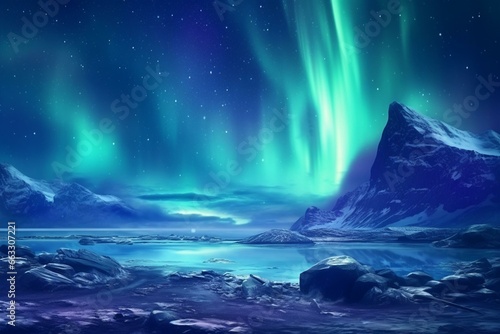 Beautiful blue aurora lights above rugged landscape. Stunning northern lights backdrop with space for text. Generative AI
