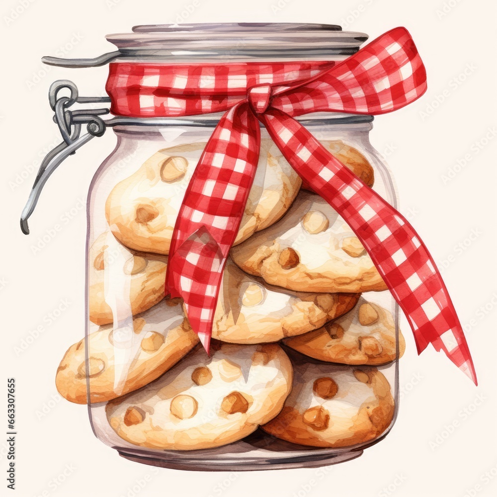   chocolate  in a glass jar with red  ribbon tied