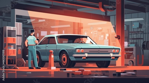 A minimalist illustration character of technicians are inspecting a car in garage