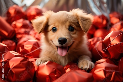 With a whimsical charm, this cute puppy lies serenely on a cushion of red balloons
