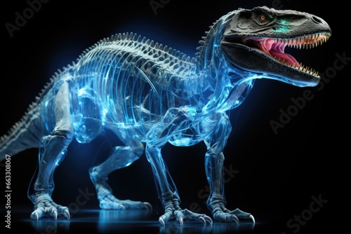 A skeleton of a t - rex with its mouth open  celestial outline.