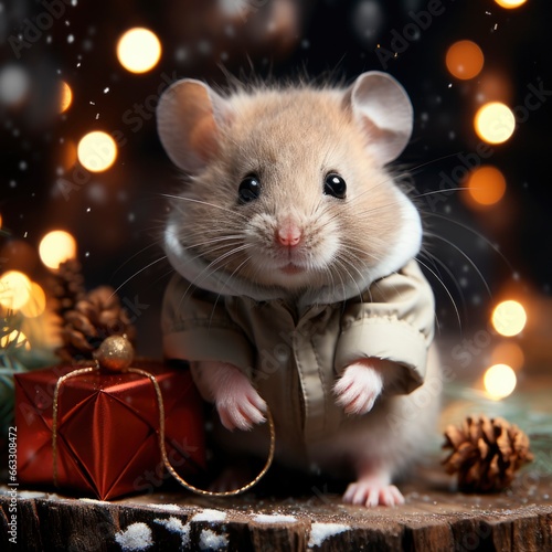 An adorable mouse  with its eyes full of festive merriment  tenderly clutches a precious gift
