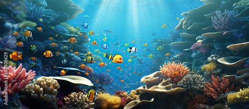 Underwater scene with exotic fish and coral reefs