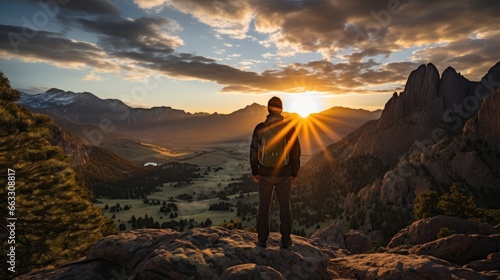 Male traveler standing in a cave with a view of rocky mountains at sunrise