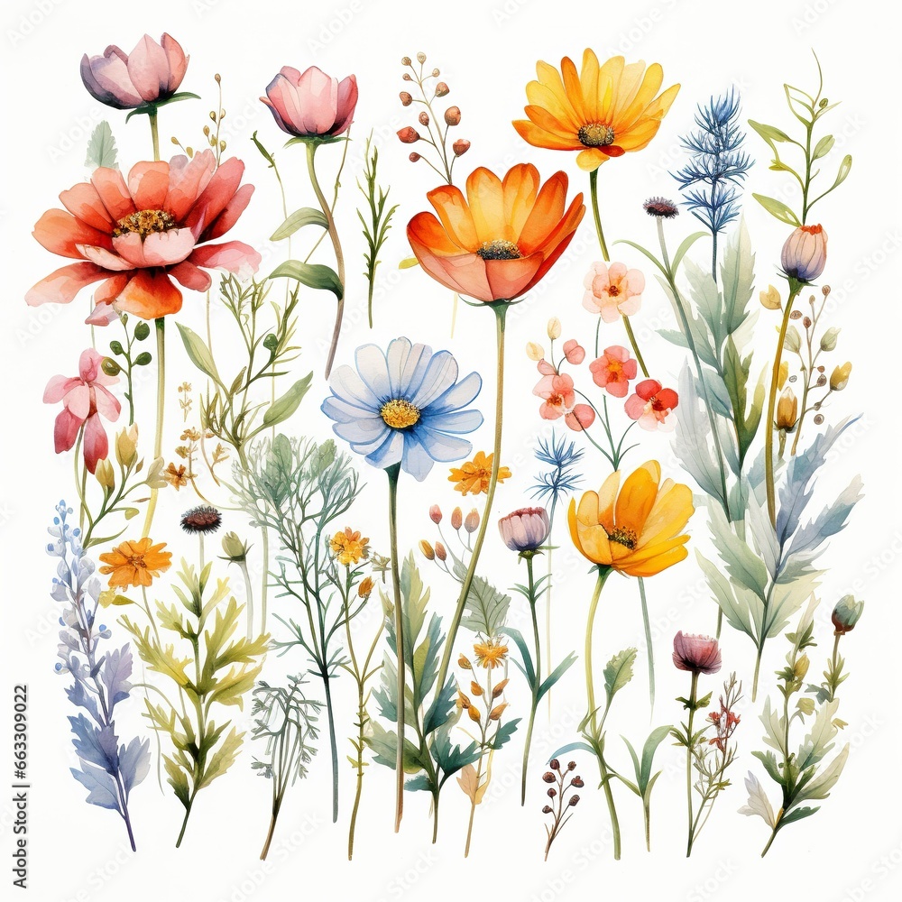 Watercolor windflowers on white background