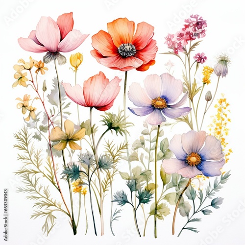 Watercolor windflowers on white background