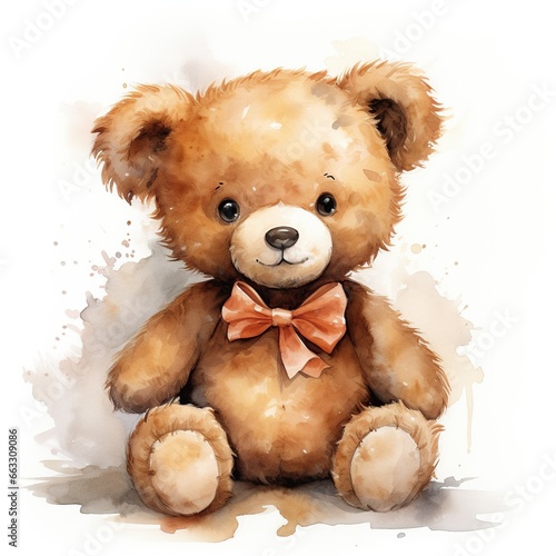 Watercolor funny playful teddy bear on white background. © DigitalGenetics