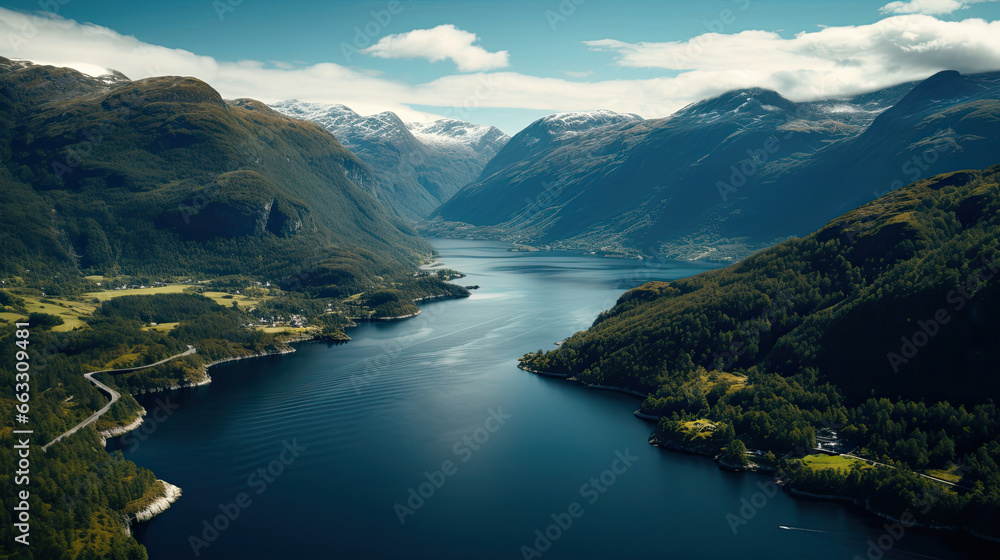 Aerial Fjords: Steep Cliffs Lush Greenery