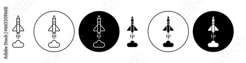 Spacecraft launch icon set in black color. Rocket ship launching vector icon for ui designs.