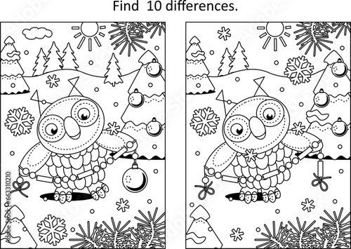 Difference game or picture puzzle and coloring page with cheerful owl decorating christmas tree
