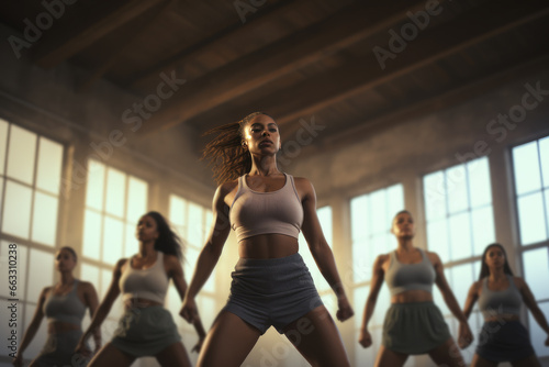 grupo de mujeres jovenes haciendo deporte en un gimnasio, vestidas con top y pantalón de chandal 