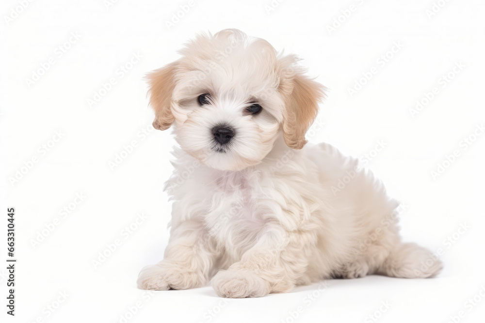 Adorable maltipoo puppy sitting on a white background