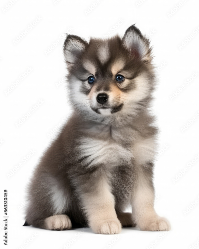 Adorable pomsky puppy (pomeranian and husky mix breed) on a white background Adorable pomsky puppy (pomeranian and husky mix breed) on a white background