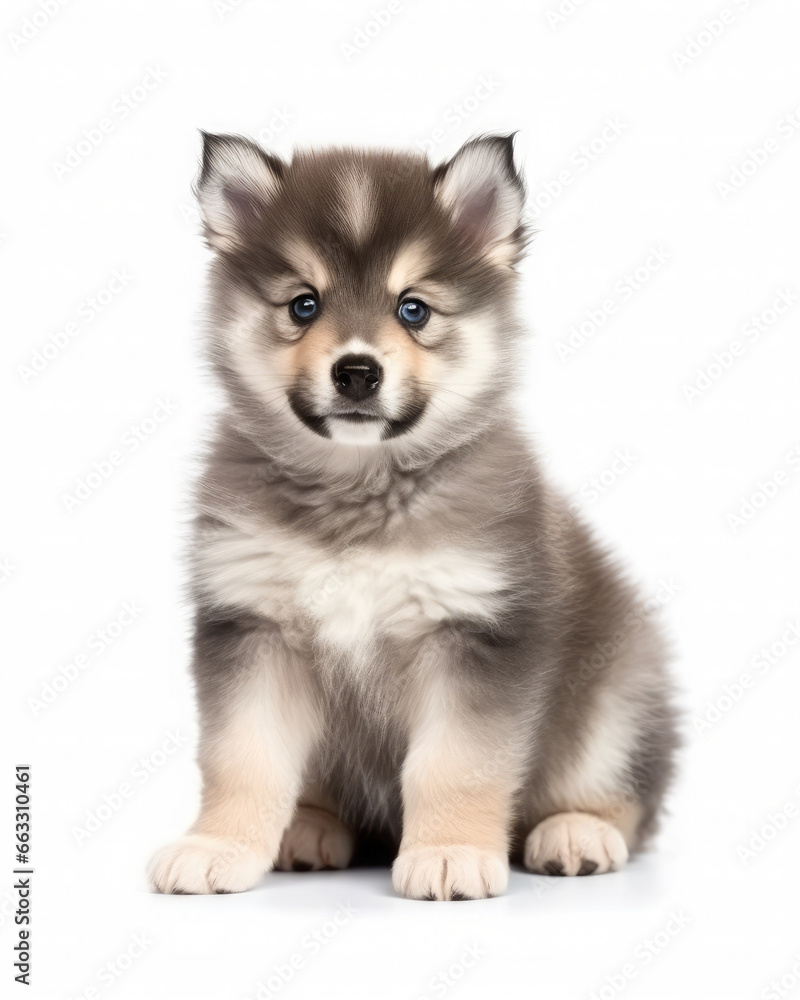 Studio portrait of a pomsky puppy happily sitting in a white room 