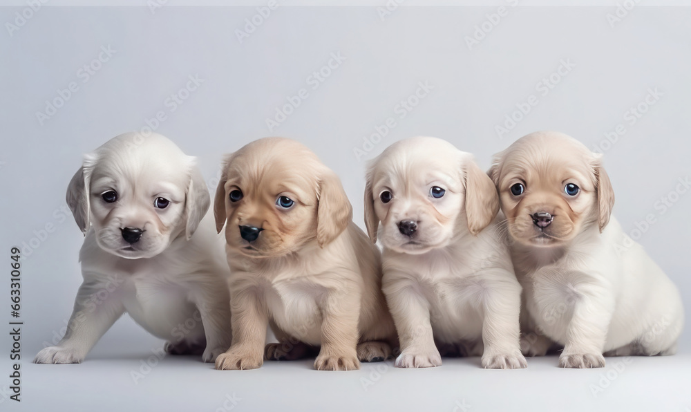 Litter of four adorable labrador retriever puppies on a neutral background. Pet studio portrait Litter of four adorable labrador retriever puppies on a neutral background. Pet studio portrait