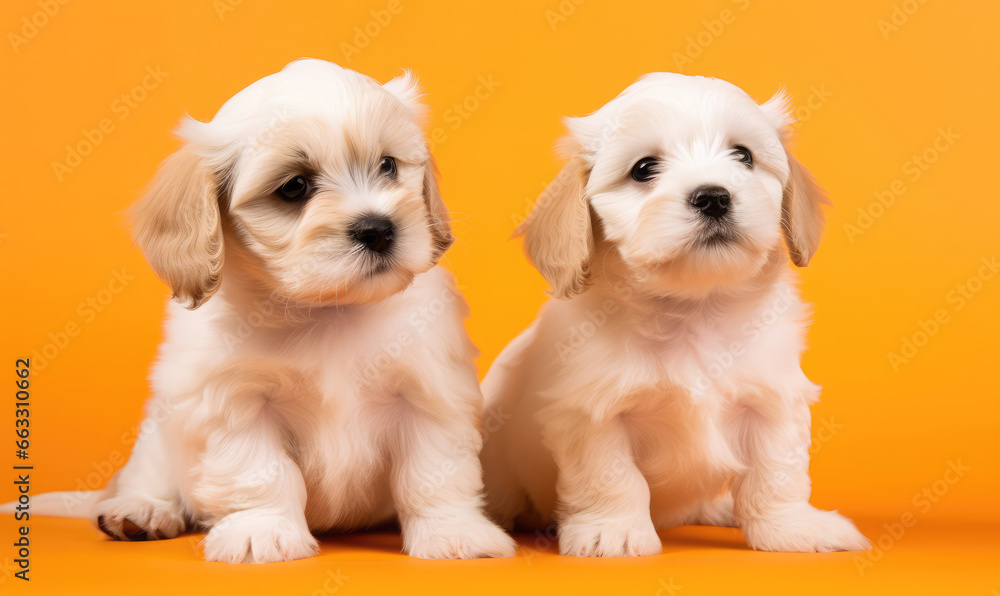 Two cute maltipoo puppies on a orange background 