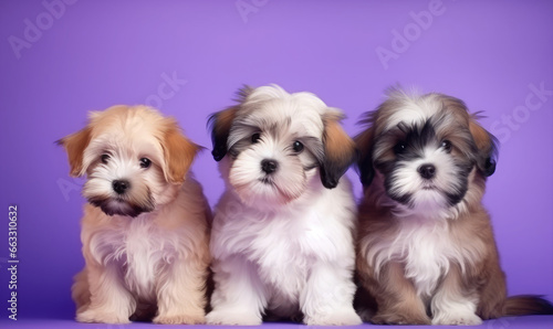 Group of shih tzu puppies on a purple background. Pet studio portrait  © CostantediHubble