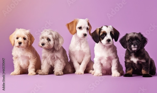 Adorable group of puppies of different breeds, posing in a studio on a purple background