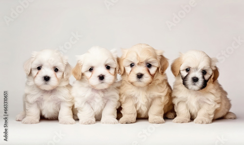 Four maltipoo puppies (maltese and poodle mix) on a neutral background. Cute pets studio shot 