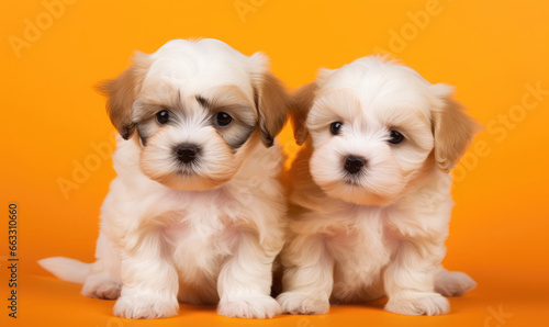 Cute and fluffy doodle maltipoo puppies sitting on a orange background. Pet studio portrait  © CostantediHubble