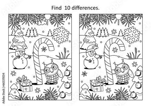 Difference game or picture puzzle and coloring page with magic candy cane, owl and snowman
