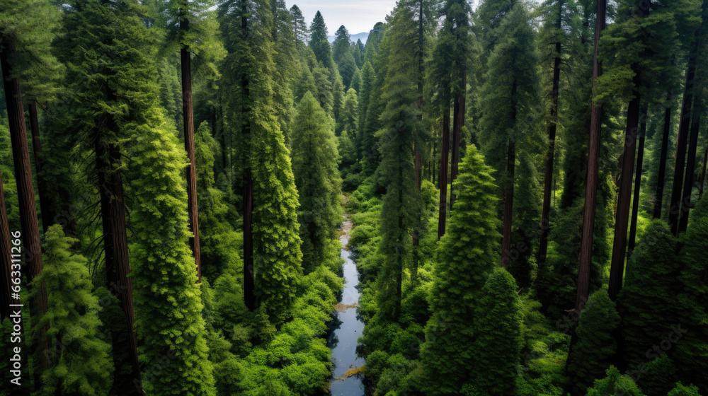 Lush Undergrowth in Redwood Forests: Aerial View