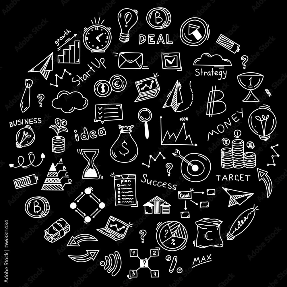 Doodle business icons set in circle concept. Lamp idea, target, cloud, money plant, clock, paper plan, schemes, pyramids, lettering, arrows, lamp, money tree, coins. Sketch line vector success signs