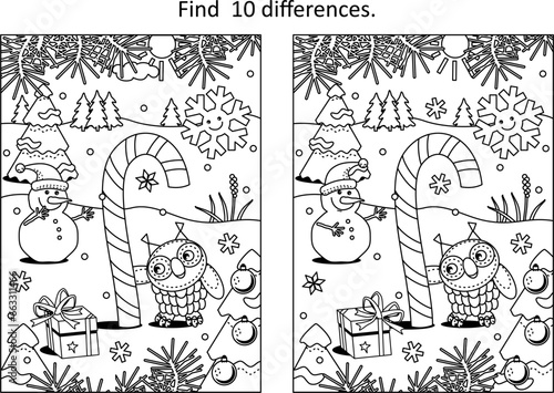 Difference game or picture puzzle and coloring page with magic candy cane, owl and snowman
