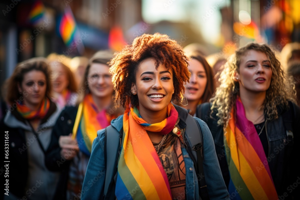 The city pulses with jubilant pride as people from every spectrum of the LGBT community unite, brandishing colorful queer flags and embracing the jubilation of gay pride during this spirited parade - obrazy, fototapety, plakaty 