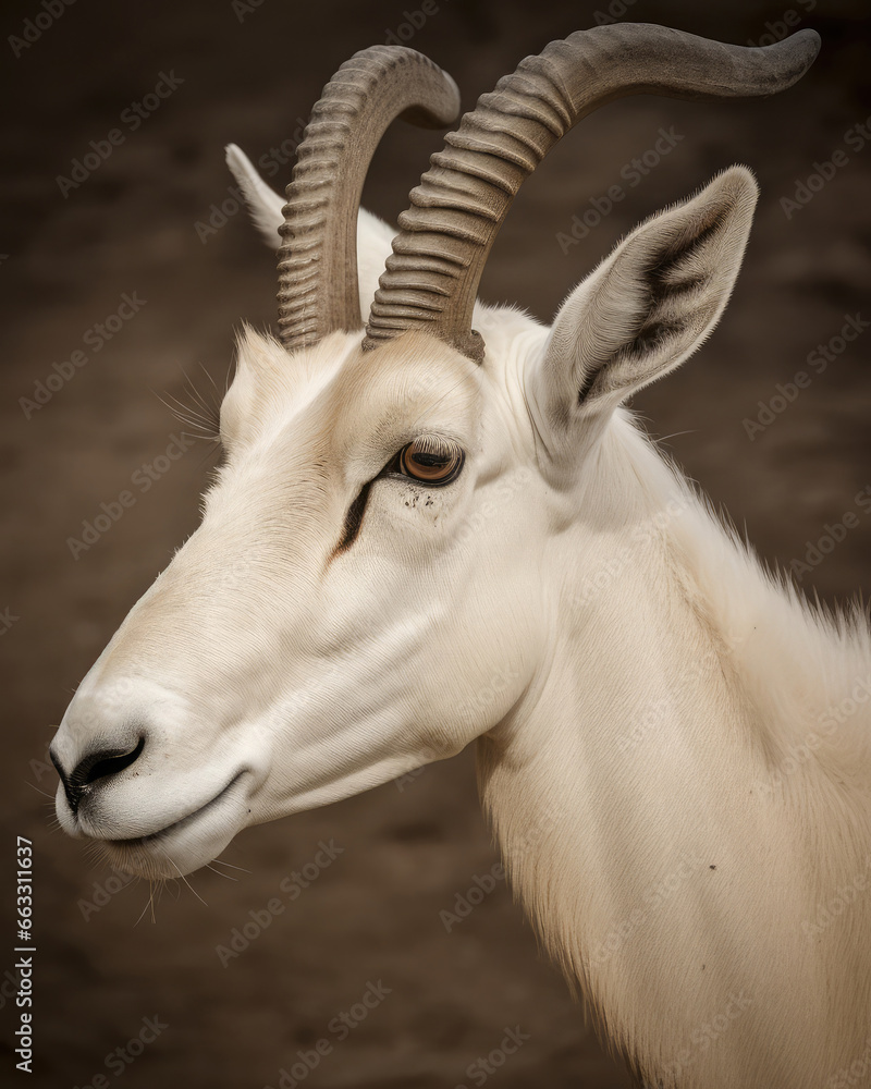 Obraz premium White antilope (addax or screwhorn antilope) portrait in the savana. African wildlife macro photography 