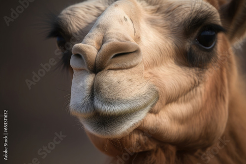 Extreme closeup portrait of a camel's head and face seen up front. Wildlife macro photography 