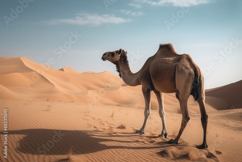 Wildlife portrait of a dromedary traveling in a desertic area 